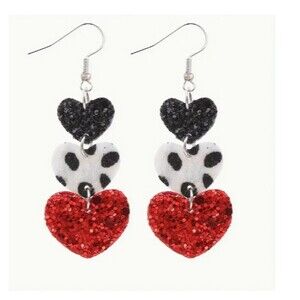 3 COW Print Black Red HEARTS Dangle Earrings LOVE Trending